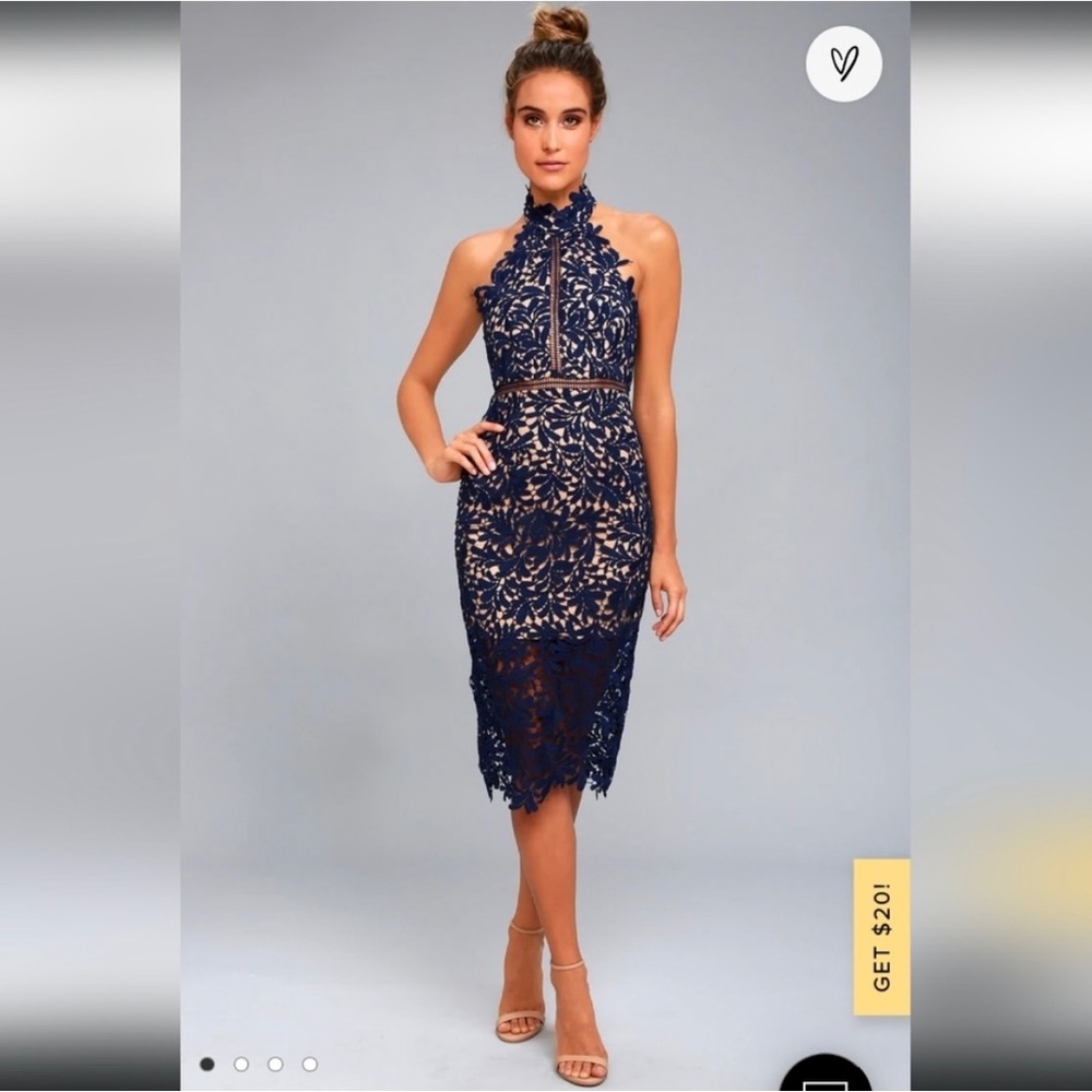 Lulus navy blue floral fitted high neck halter dress. Worn ONCE for two hours!